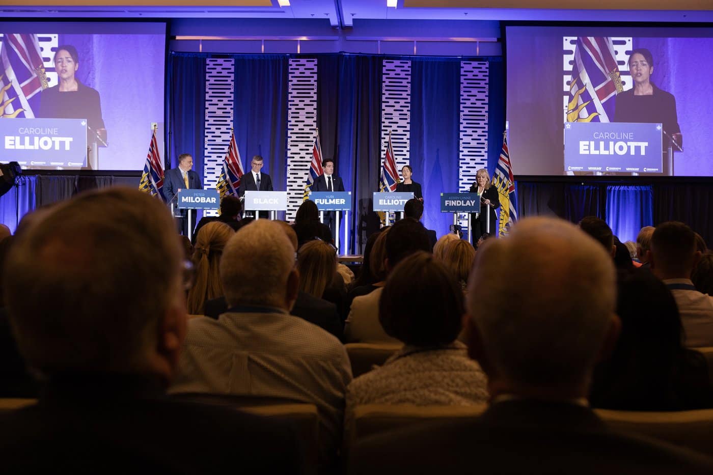 B.C. Conservative leadership candidates from left to right, Peter Milobar, Iain Black, Yuri Fulmer, Caroline Elliott and Kerry-Lynne Findlay take part in a debate at the Canada Strong and Free Network conference in Vancouver on Friday, April 24, 2026. THE CANADIAN PRESS/Chad Hipolito