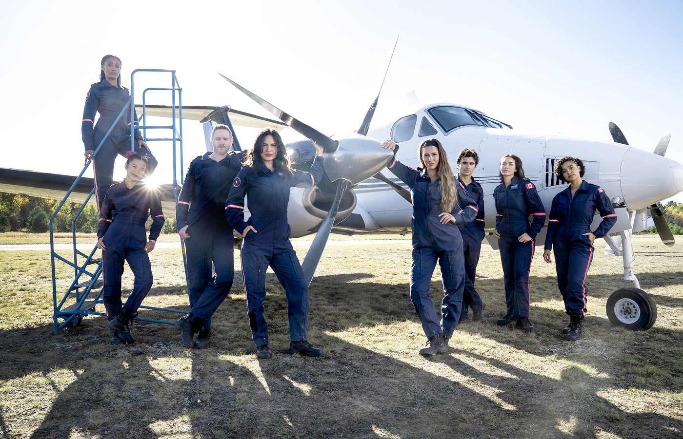 Cast members Mercedes Morris, left to right, Leishe Meyboom, Aaron Ashmore, Morgan Holmstrom, Natasha Calis, Alexander Eling, Leishe Meyboom, Sydney Kuhneare shown in this handout photo from the show "SkyMed." THE CANADIAN PRESS/Handout-Paramount+(Mandatory Credit)