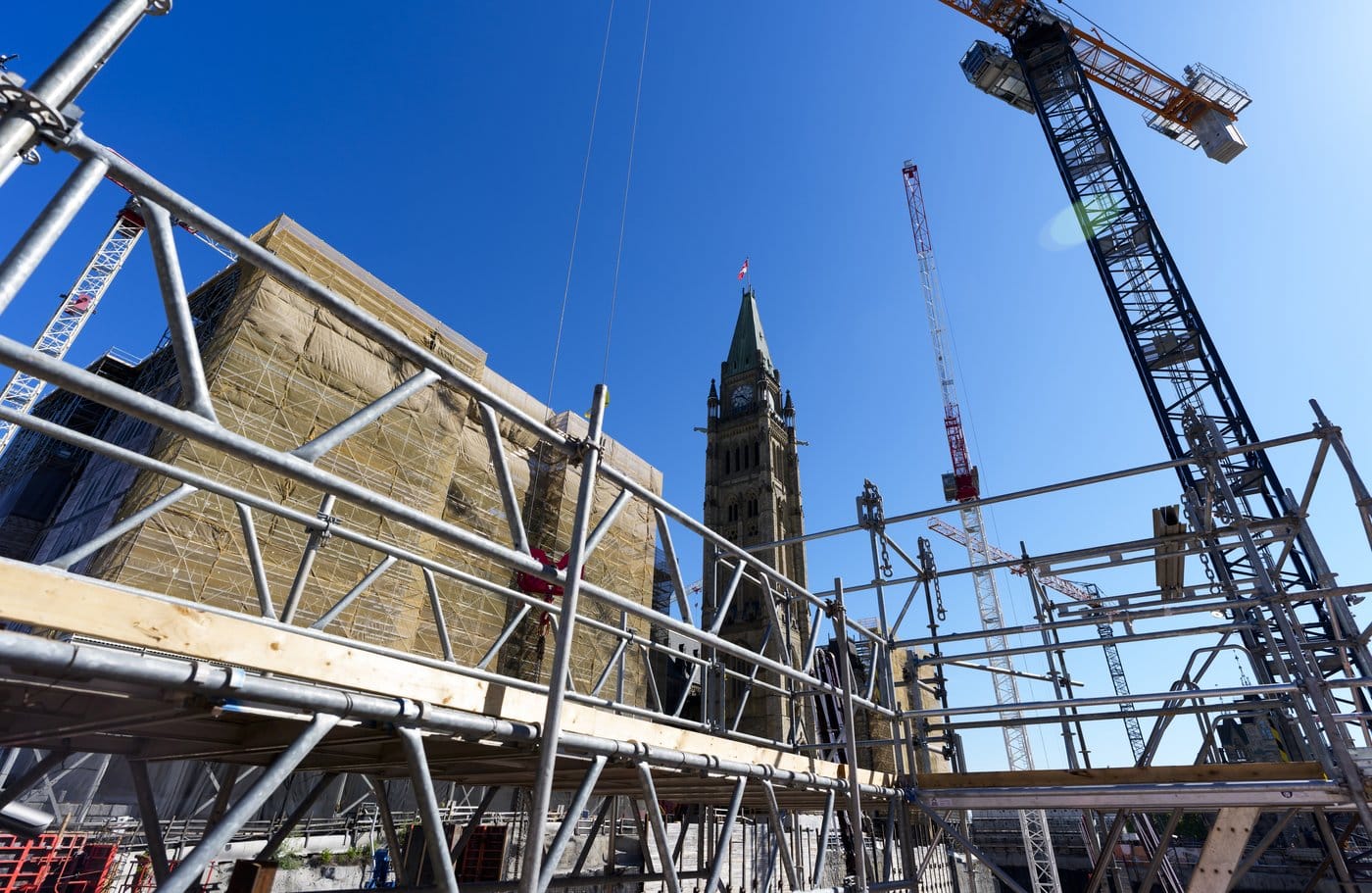 The Peace Tower on Parliament Hill is seen as renovations at Centre Block continue, in Ottawa, on Friday, May 22, 2026. THE CANADIAN PRESS/Justin Tang