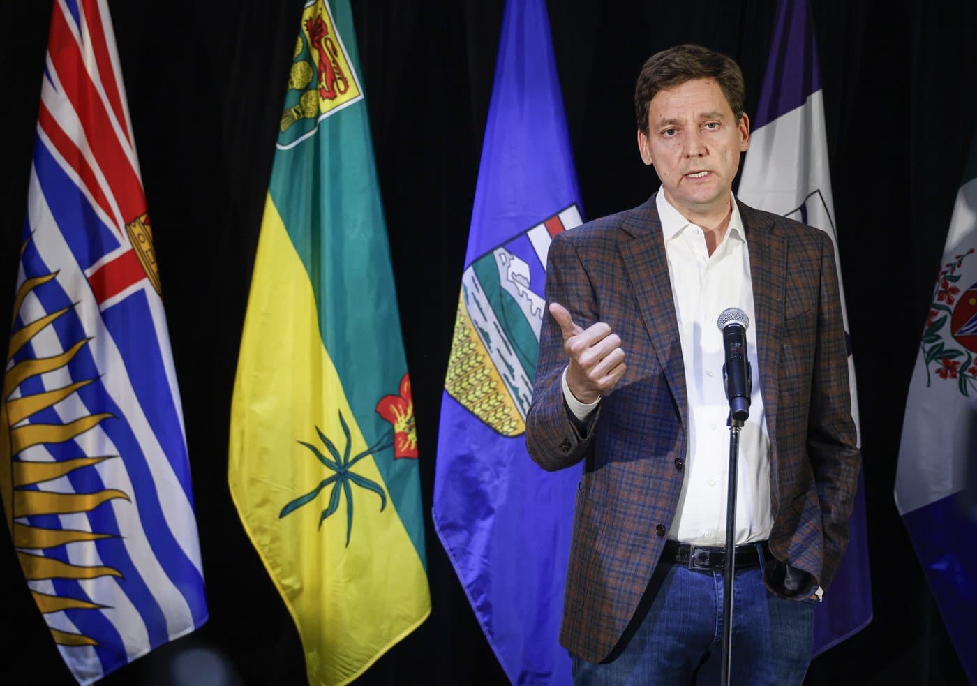 B.C. Premier David Eby speaks to the media at a meeting of western premiers in Kananaskis, Atla., Monday, May 25, 2026. THE CANADIAN PRESS/Jeff McIntosh