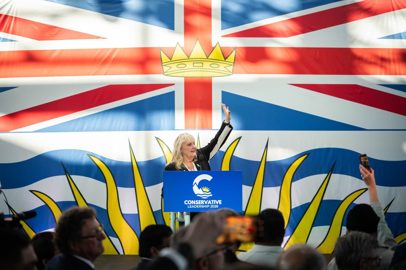 Elected leader of the B.C. Conservative Party Kerry-Lynne Findlay speaks during leadership election night in Vancouver, on Saturday, May 30, 2026. THE CANADIAN PRESS/Ethan Cairns
