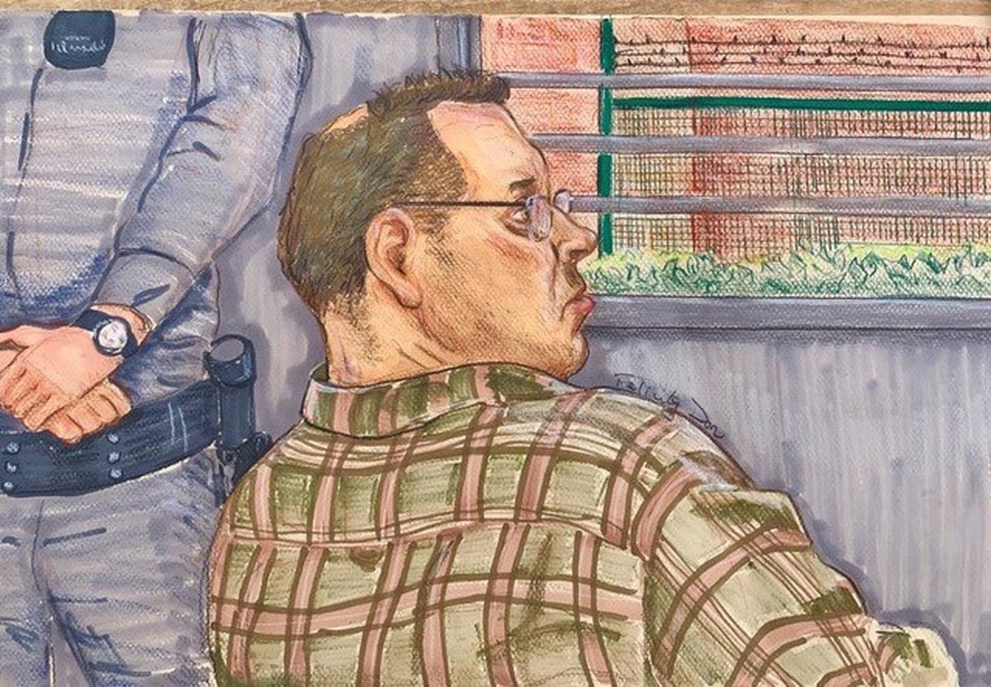 Allan Schoenborn is shown in this sketch attending a British Columbia Review Board in Coquitlam, B.C., on Thursday, March 12, 2020. THE CANADIAN PRESS/Felicity Don