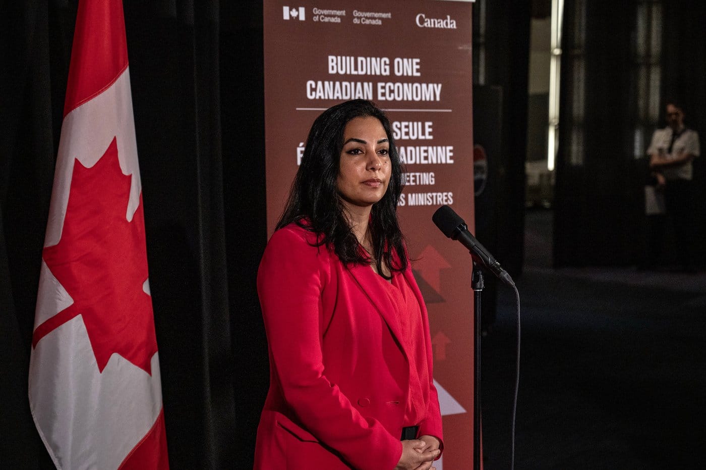 Deputy Premier of British Columbia Niki Sharma speak to media before the First Ministers Meeting in Saskatoon on Monday, June 2, 2025. THE CANADIAN PRESS/Liam Richards