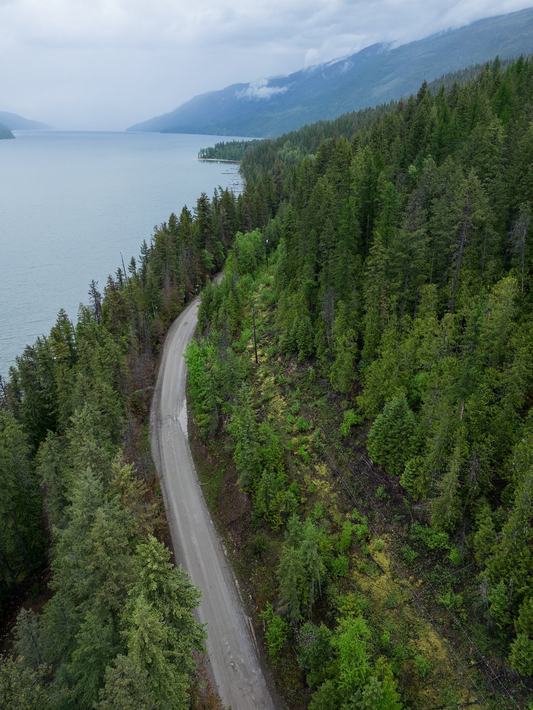 An aerial view of a forest service road is seen on the east side of Mabel Lake near Lumby, B.C., in this photograph taken with a drone on Monday, May 13, 2024. Tatjana Stefanski, 44, was found dead in the Mabel Lake area on April 14 after disappearing a day earlier. RCMP say she was last seen on April 13 with her ex-husband before "departing unexpectedly" with him in a black Audi. THE CANADIAN PRESS/Darryl Dyck