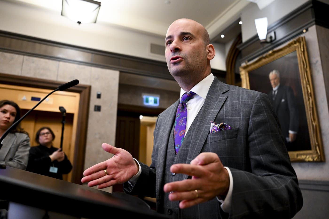 Conservative MP Frank Caputo speaks in the foyer of the House of Commons on Parliament Hill in Ottawa, on Monday, April 27, 2026. THE CANADIAN PRESS/Spencer Colby