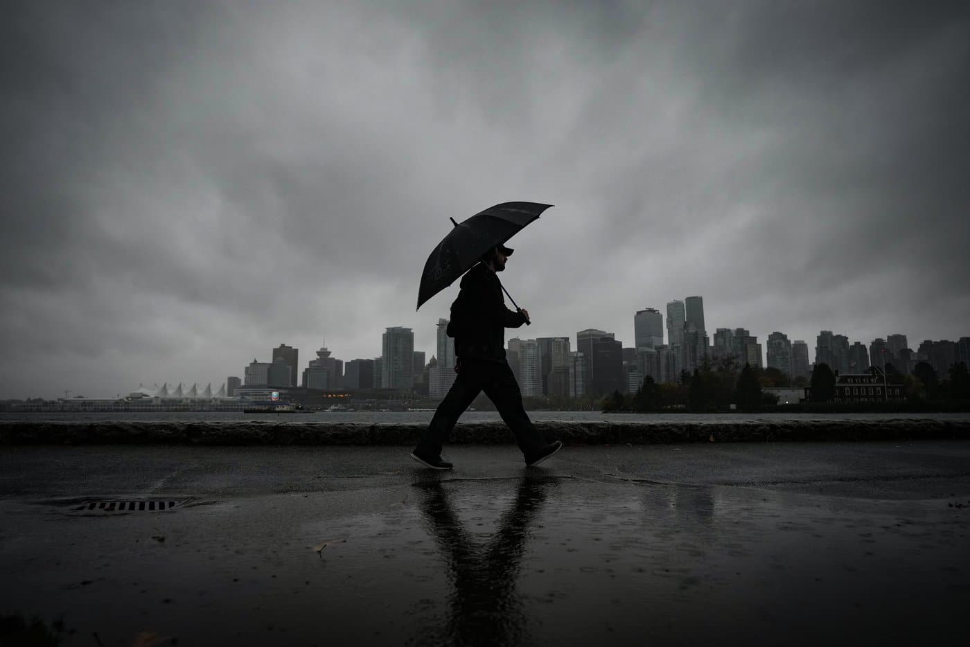A man uses an umbrella to shield himself from the rain while walking on the Stanley Park seawall across the water from downtown Vancouver, B.C., Saturday, Oct. 19, 2024. THE CANADIAN PRESS/Darryl Dyck