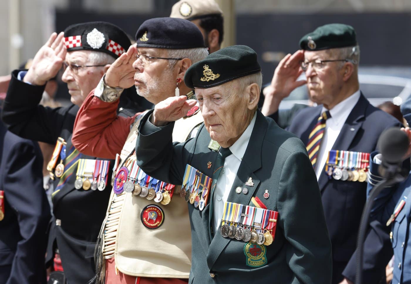Korean War veteran Gordon Gallant salutes during a ceremony at the National Aboriginal Veterans Monument marking the 25th anniversary of the monument's unveiling in Ottawa, Sunday, June 21, 2026. THE CANADIAN PRESS/Patrick Doyle