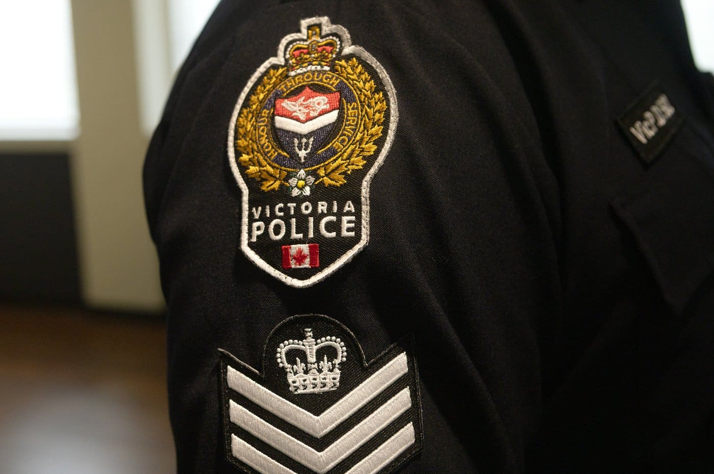 An officer's shoulder patch is pictured at the Victoria Police Department in Victoria, on Friday, May 8, 2026. THE CANADIAN PRESS/Chad Hipolito