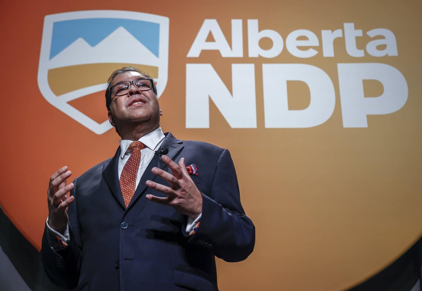 Naheed Nenshi delivers his acceptance speech after being named as the new leader of the Alberta NDP in Calgary, Saturday, June 22, 2024.THE CANADIAN PRESS/Jeff McIntosh