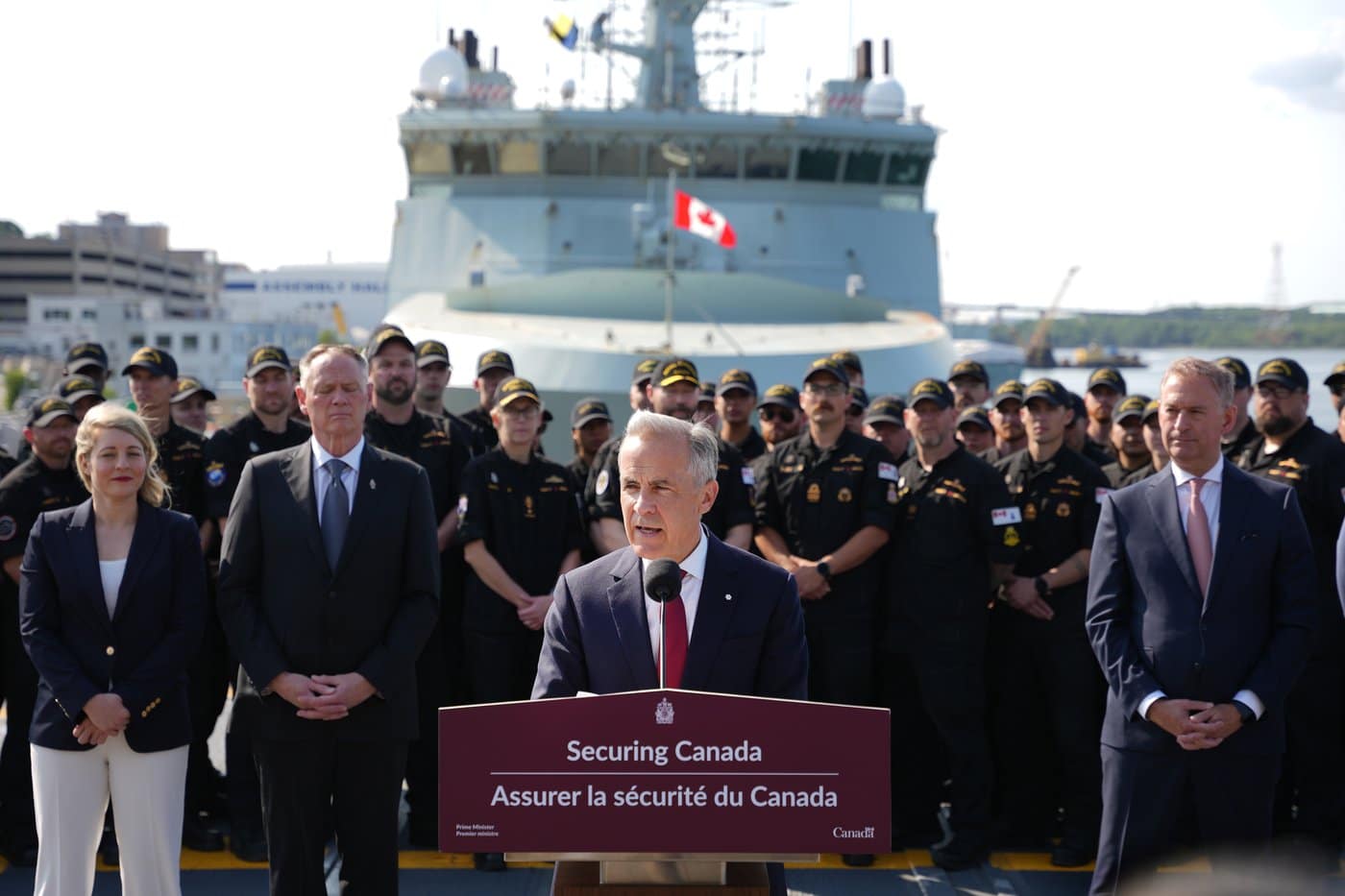 Prime Minister Mark Carney makes an announcement at HMC Dockyard in Halifax on Monday, July 6, 2026. THE CANADIAN PRESS/Darren Calabrese