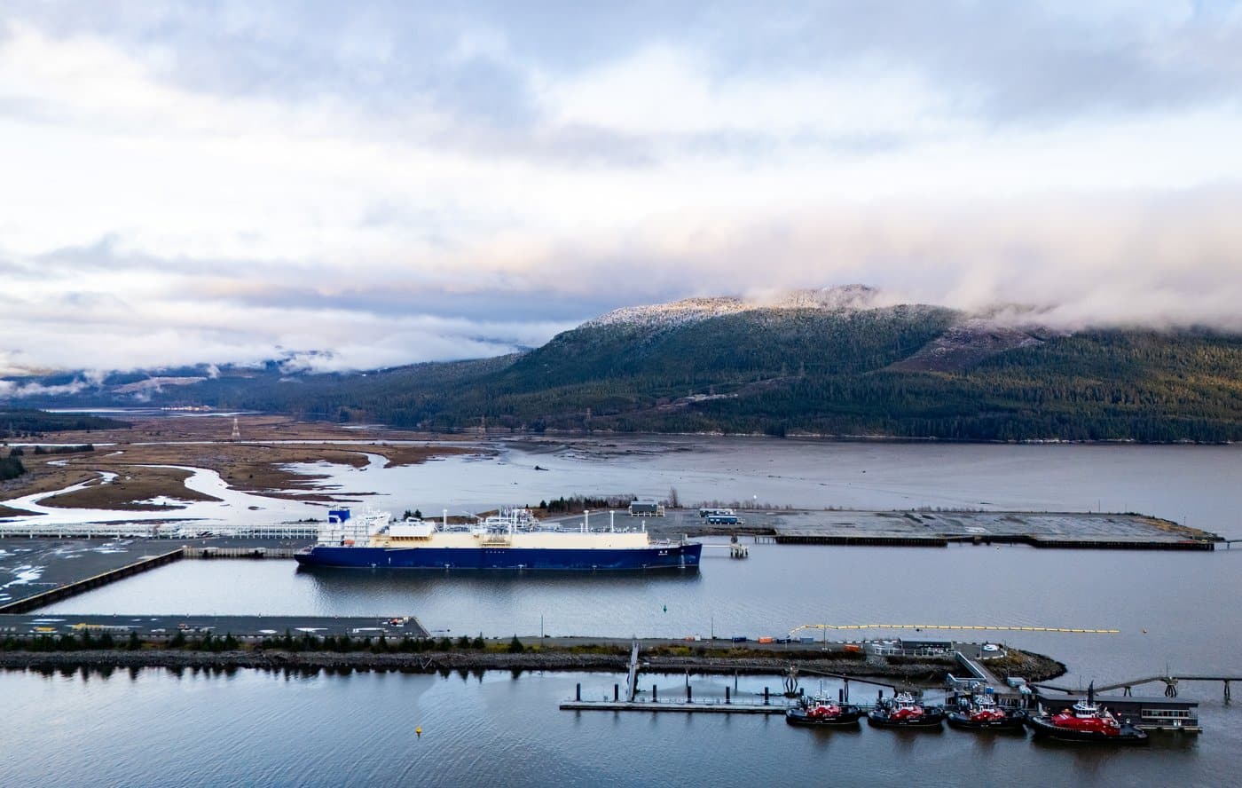 Wudang, a liquefied natural gas (LNG) tanker, fills up at an LNG Canada facility, in an aerial view, in Kitimat, B.C., on Thursday, November 13, 2025. THE CANADIAN PRESS/Ethan Cairns