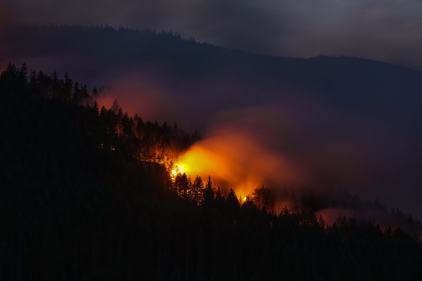 The Brunswick Creek wildfire consumes trees on a mountainside, in Boston Bar, B.C., on Thursday, July 9, 2026. THE CANADIAN PRESS/Darryl Dyck