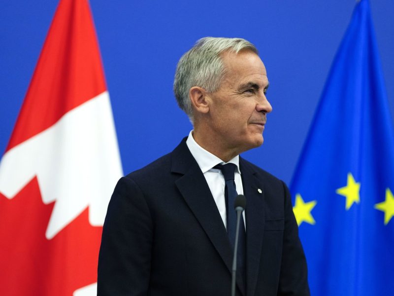 Prime Minister Mark Carney participates in a joint news conference with President of the European Parliament Roberta Metsola, not shown, at the European Parliament in Strasbourg, France, on Thursday, Sept. 17, 2026. THE CANADIAN PRESS/Justin Tang